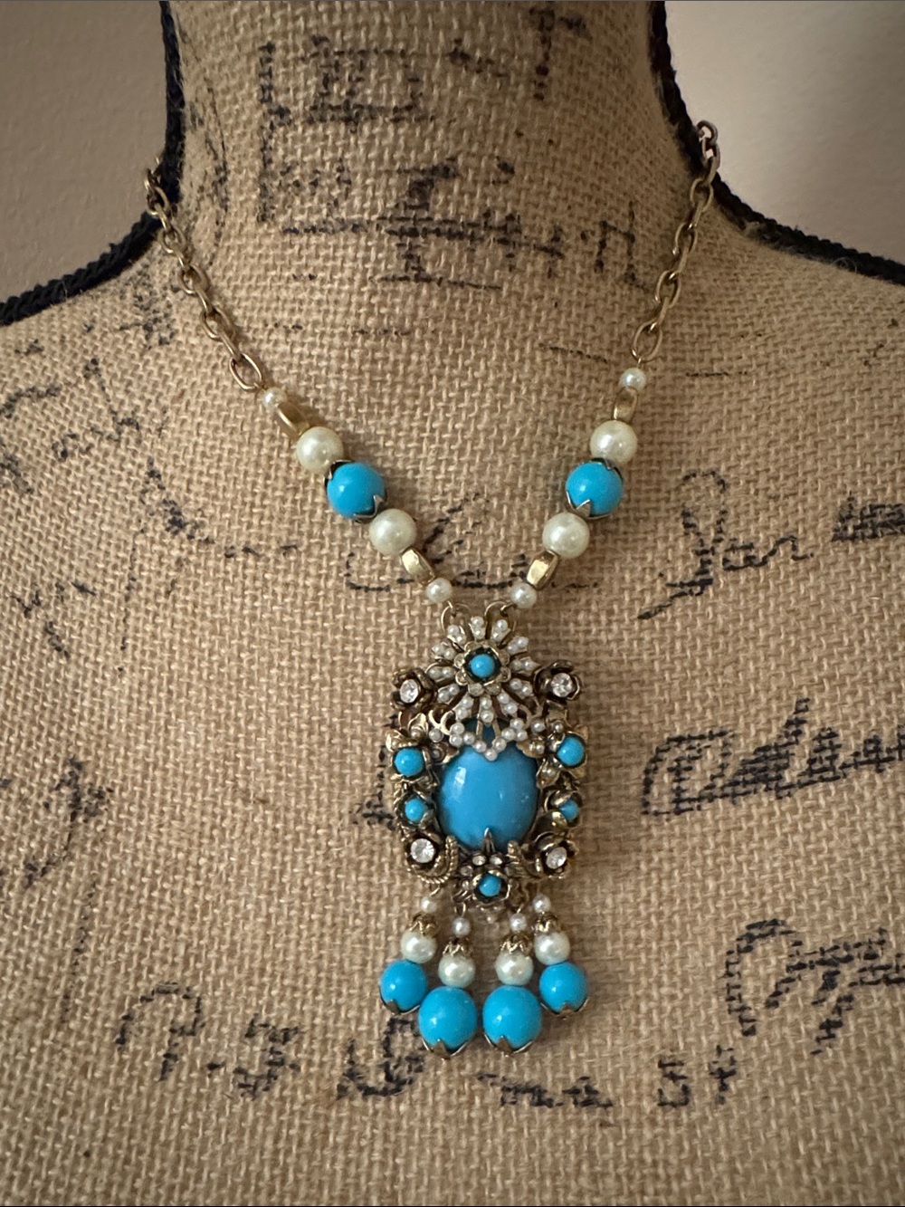 Ornate Turquoise, Crystal and Pearl necklace.